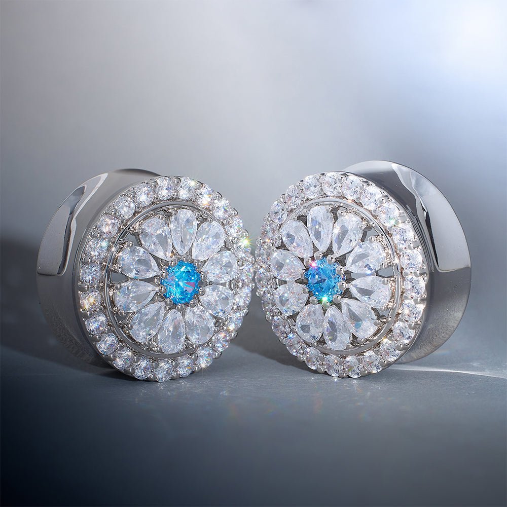 Blue Sea Daisy Moissanite S925 Silver Ear Gauge Tunnel (2Pcs) - AKAK BODYJEWELRY - ear - tunnel