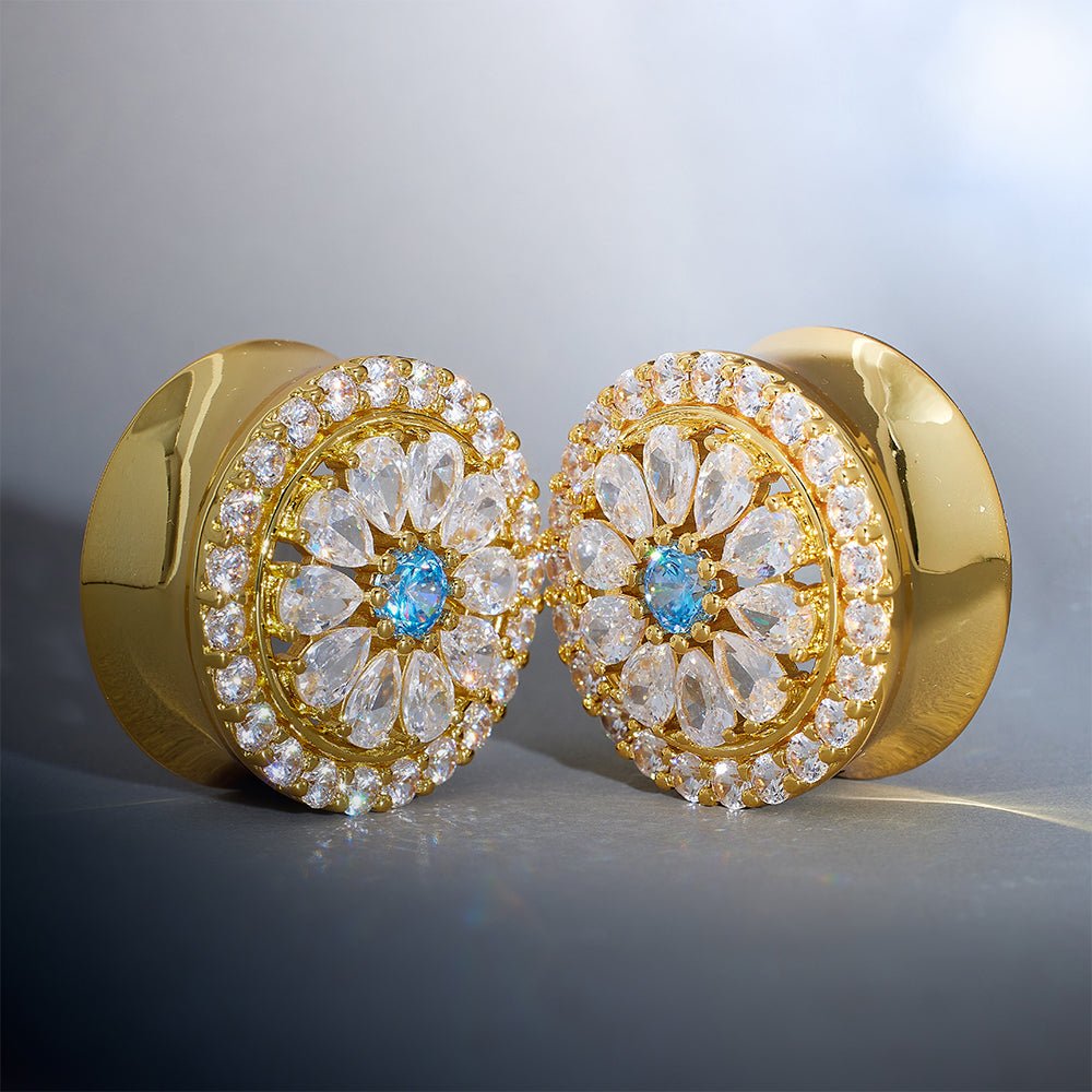 Blue Sea Daisy Zircon 14K Ear Gauge Tunnel (2Pcs) - AKAK BODYJEWELRY - ear - tunnel