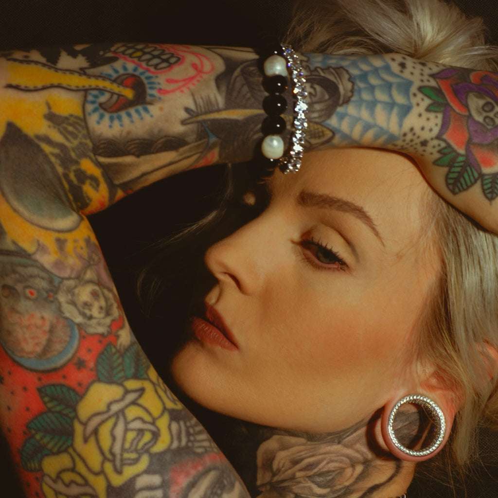 Freshwater Pearl Hand | Carved Skull Obsidian Bracelet - AKAK BODYJEWELRY - ear - tunnel