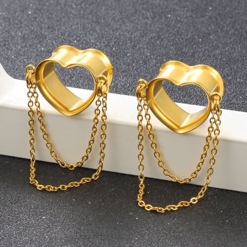 Heart Chain Stainless Steel Ear Gauge Tunnels 2Pcs - AKAK BODYJEWELRY - ear - tunnel