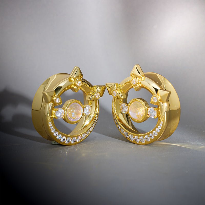 Moonshadow Moissanite 14K Gold Ear Gauge Tunnel (2Pcs) - AKAK BODYJEWELRY - ear - tunnel