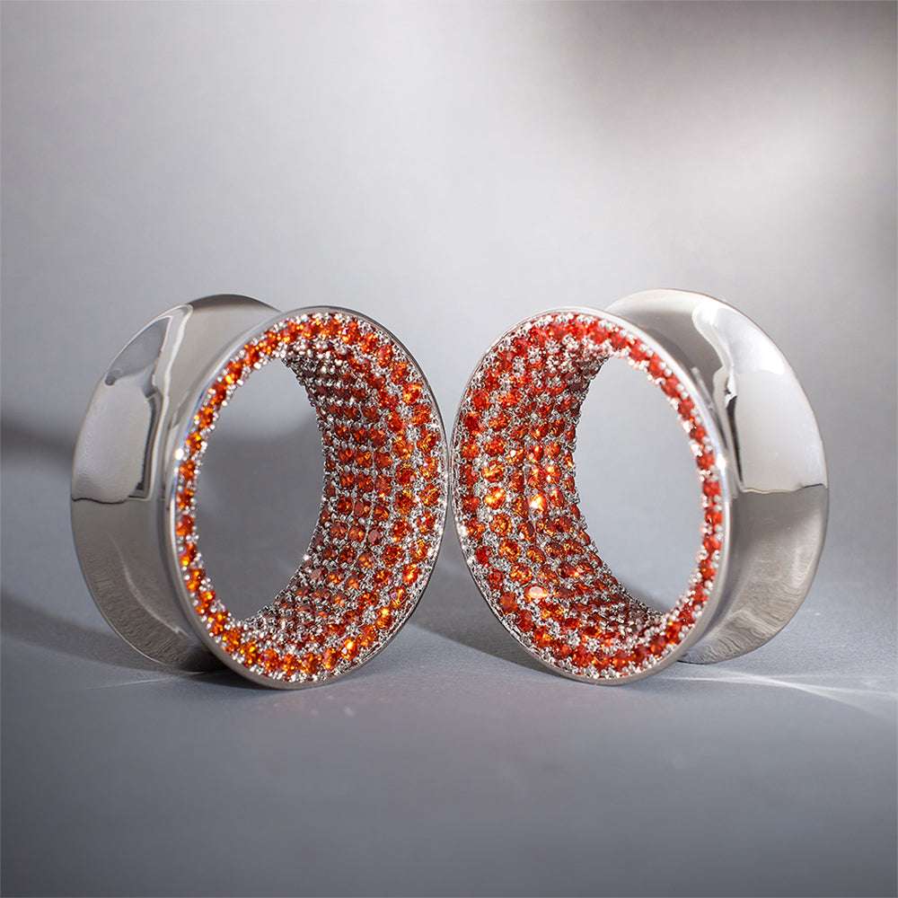 Orange Red Moissanite 14K White Gold Stars Shining Ear Gauge Tunnel(2Pcs) - AKAK BODYJEWELRY - ear - tunnel