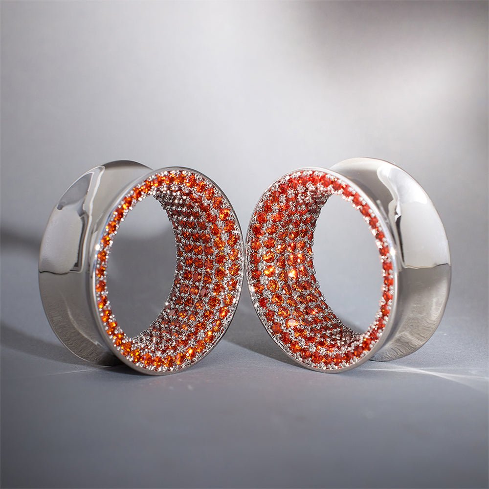 Orange Red Zircon S925 Silver Stars Shining Ear Gauge Tunnel (2Pcs) - AKAK BODYJEWELRY - ear - tunnel