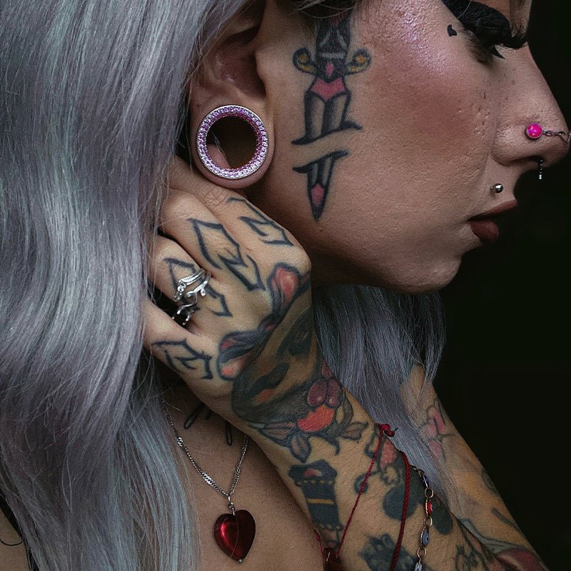 Pink Moissanite 14K White Gold Stars Shining Tunnel(2Pcs) - AKAK BODYJEWELRY - ear - tunnel