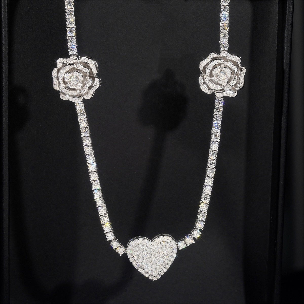 S925 Silver Heart & Rose Moissanite Necklace - AKAK BODYJEWELRY - ear - tunnel