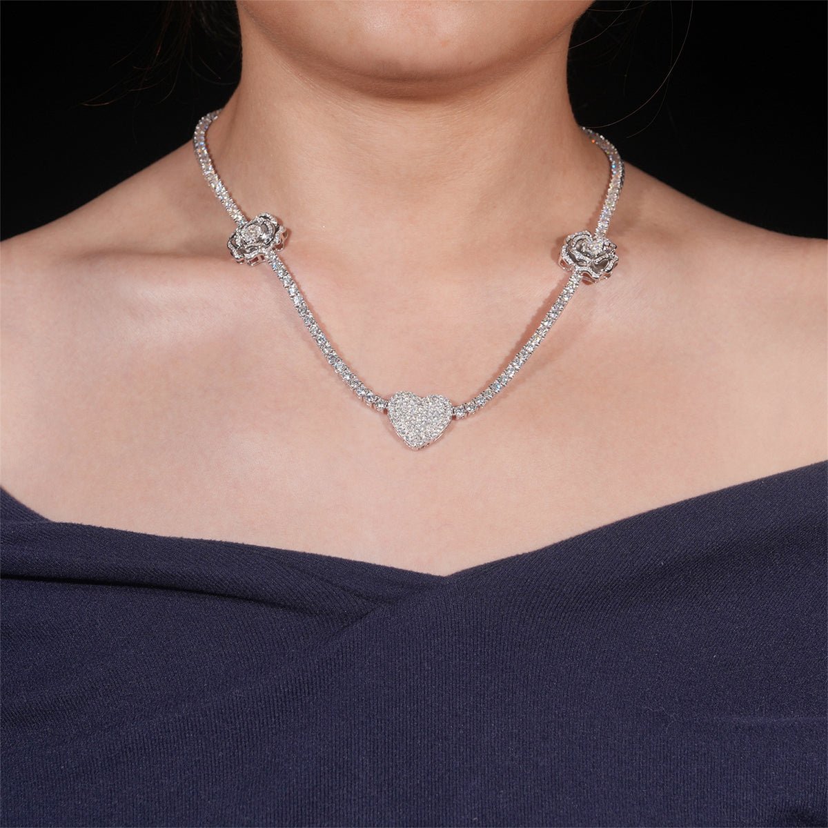 S925 Silver Heart & Rose Moissanite Necklace - AKAK BODYJEWELRY - ear - tunnel