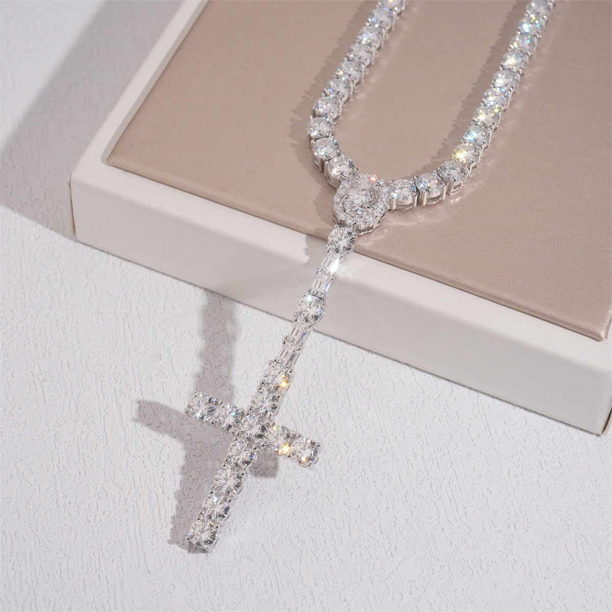 S925 Silver Moissanite Lariat Cross Necklace - AKAK BODYJEWELRY - ear - tunnel