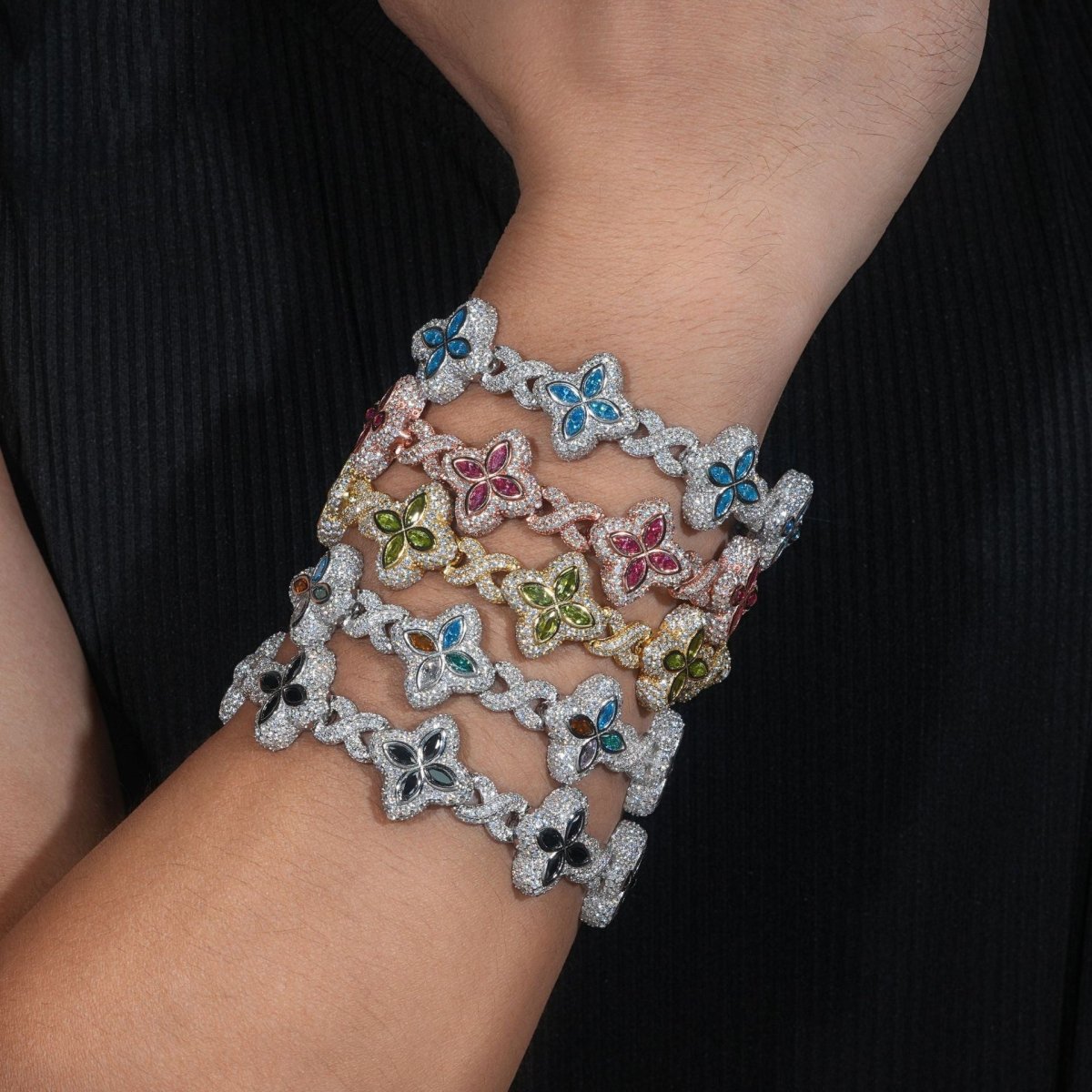 S925 Silver Multicolor Moissanite Clover Bracelet - AKAK BODYJEWELRY - ear - tunnel