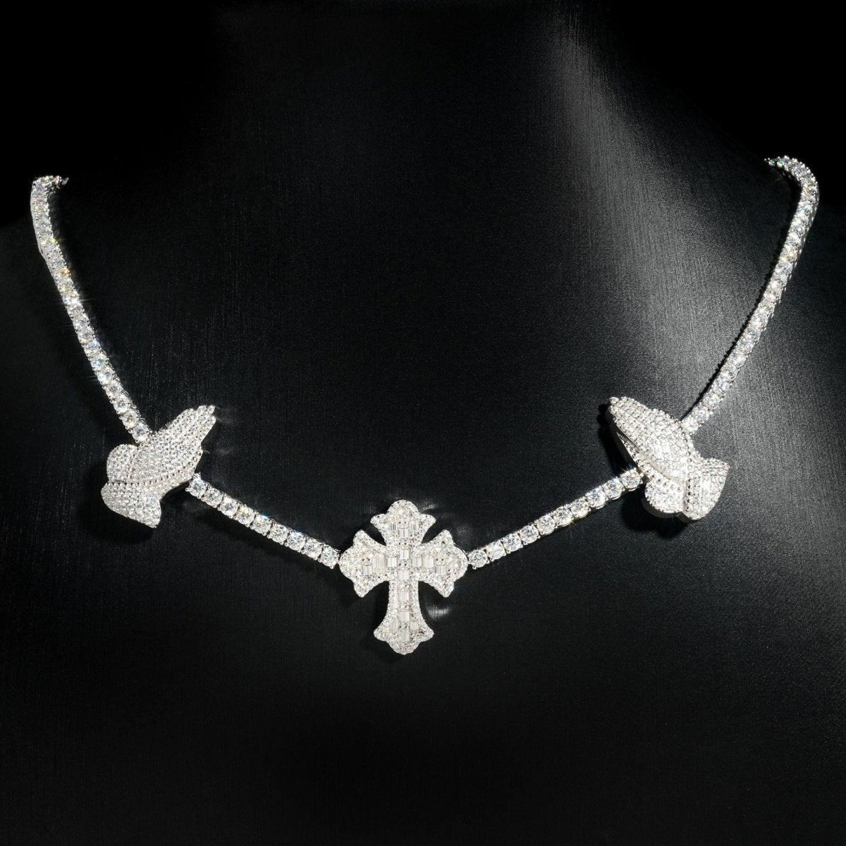 S925 Silver Praying Hands Cross Moissanite Tennis Necklace - AKAK BODYJEWELRY - ear - tunnel