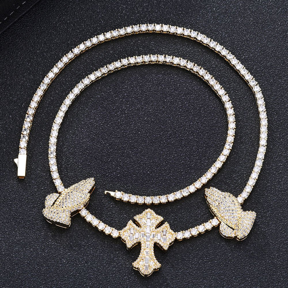 S925 Silver Praying Hands Cross Moissanite Tennis Necklace - AKAK BODYJEWELRY - ear - tunnel