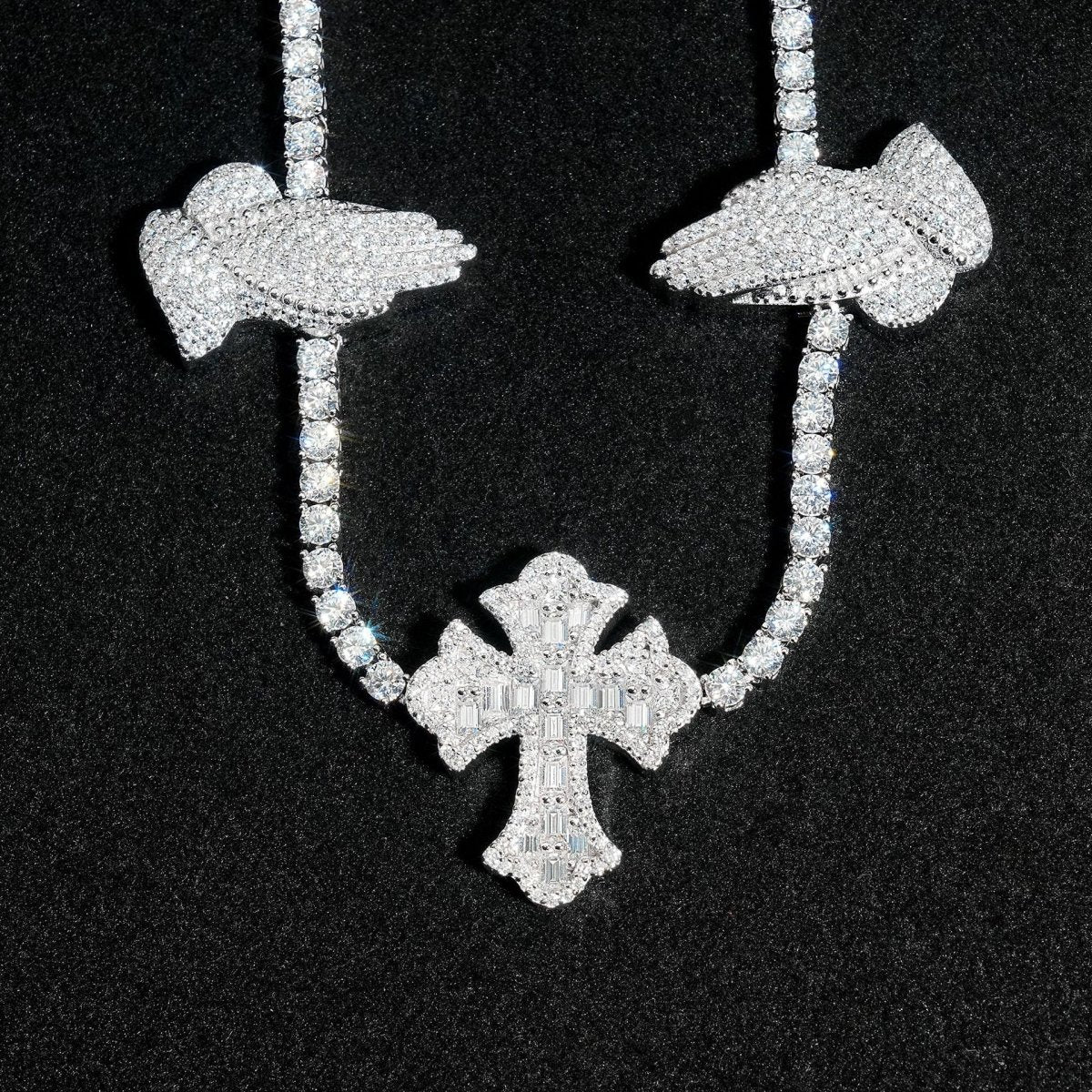 S925 Silver Praying Hands Cross Moissanite Tennis Necklace - AKAK BODYJEWELRY - ear - tunnel