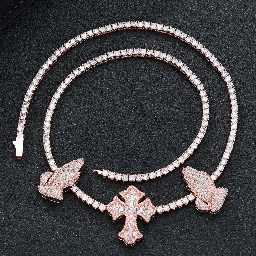 S925 Silver Praying Hands Cross Moissanite Tennis Necklace - AKAK BODYJEWELRY - ear - tunnel