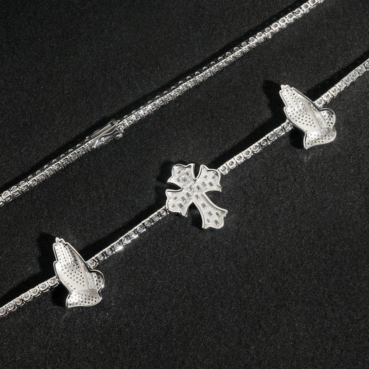 S925 Silver Praying Hands Cross Moissanite Tennis Necklace - AKAK BODYJEWELRY - ear - tunnel
