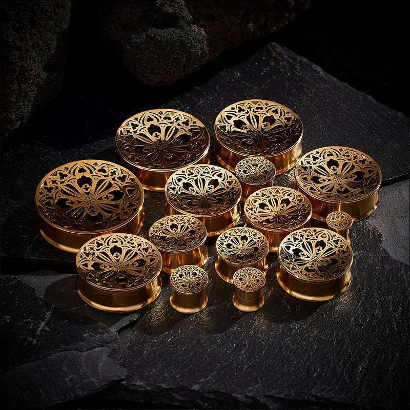 Stainless Steel Golden Filigree Blossoms Ear Gauge Tunnels 2Pcs - AKAK BODYJEWELRY - ear - tunnel