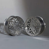 Stainless Steel Papercut Blossom Ear Gauge Tunnels 2Pcs - AKAK BODYJEWELRY - ear - tunnel