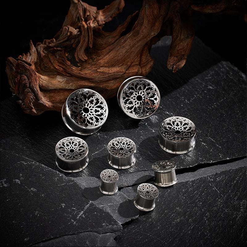Stainless Steel Papercut Blossom Ear Gauge Tunnels 2Pcs - AKAK BODYJEWELRY - ear - tunnel