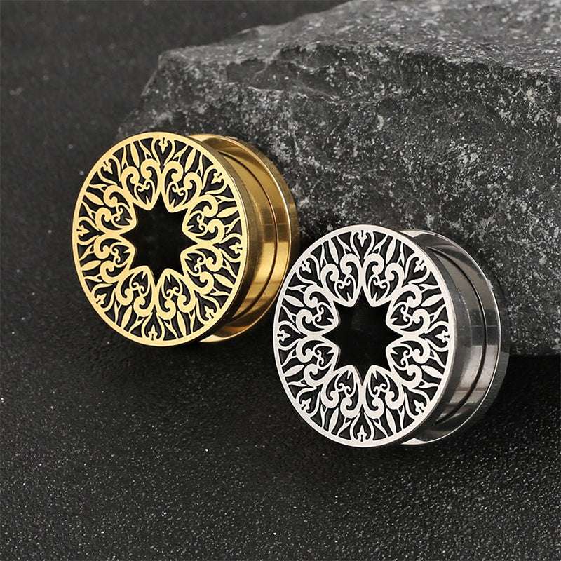 Stainless Steel Pattern Fiore Ear Piercing Ear Gauge Tunnels 2pcs - AKAK BODYJEWELRY - ear - tunnel