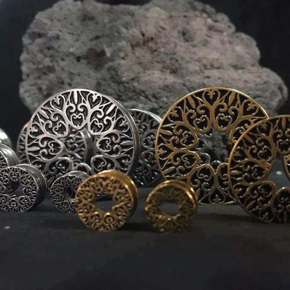 Stainless Steel Pattern Fiore Ear Piercing Ear Gauge Tunnels 2pcs - AKAK BODYJEWELRY - ear - tunnel