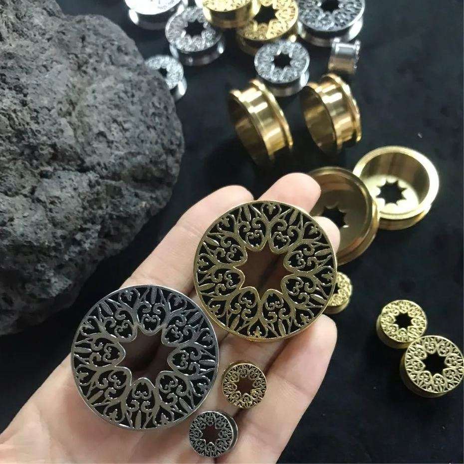 Stainless Steel Pattern Fiore Ear Piercing Ear Gauge Tunnels 2pcs - AKAK BODYJEWELRY - ear - tunnel