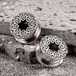 Stainless Steel Pattern Fiore Ear Piercing Ear Gauge Tunnels 2pcs - AKAK BODYJEWELRY - ear - tunnel