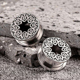Stainless Steel Pattern Fiore Ear Piercing Ear Gauge Tunnels 2pcs - AKAK BODYJEWELRY - ear - tunnel