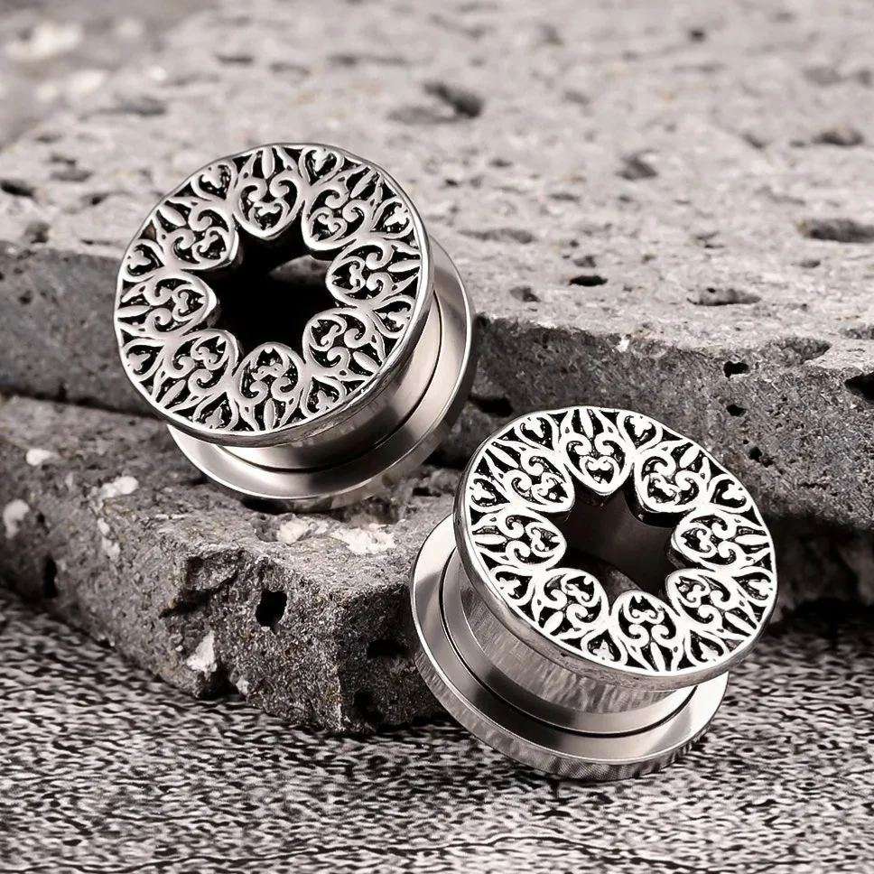 Stainless Steel Pattern Fiore Ear Piercing Ear Gauge Tunnels 2pcs - AKAK BODYJEWELRY - ear - tunnel