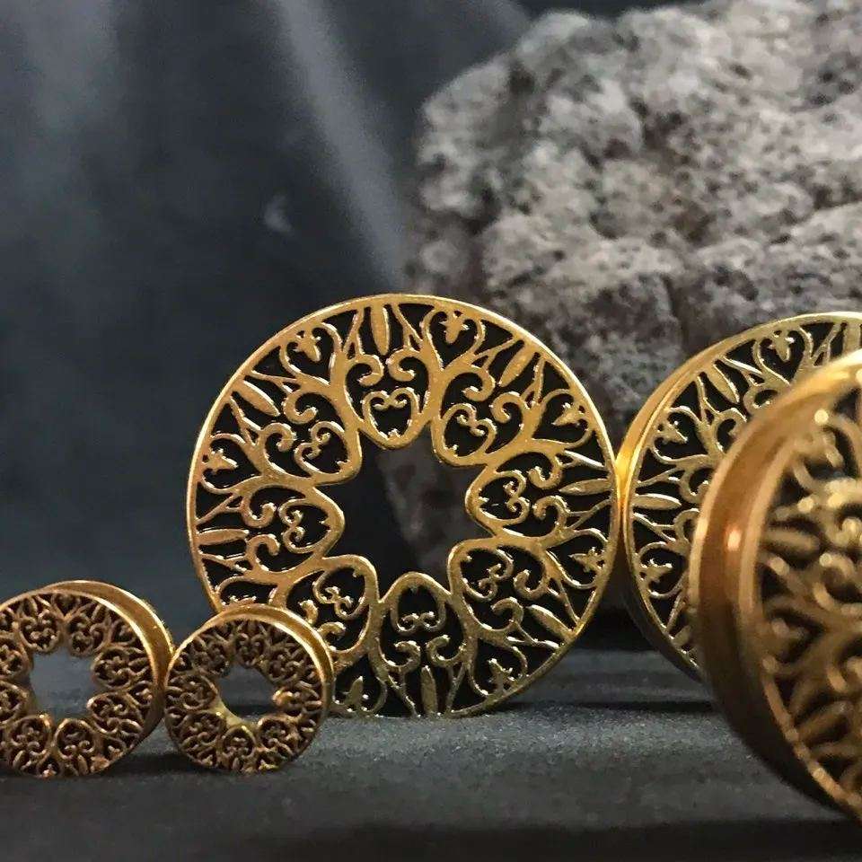 Stainless Steel Pattern Fiore Ear Piercing Ear Gauge Tunnels 2pcs - AKAK BODYJEWELRY - ear - tunnel