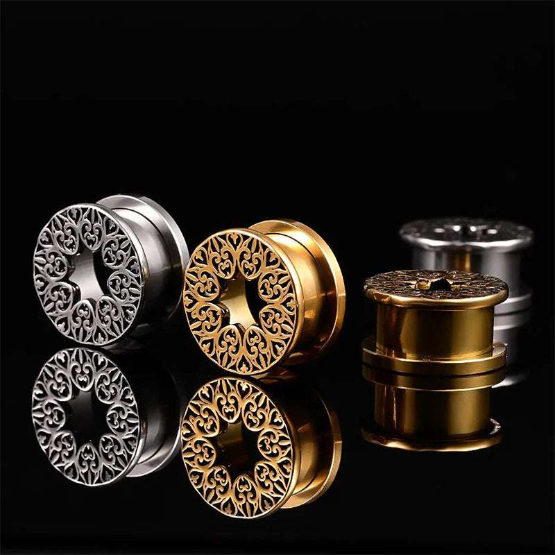 Stainless Steel Pattern Fiore Ear Piercing Ear Gauge Tunnels 2pcs - AKAK BODYJEWELRY - ear - tunnel