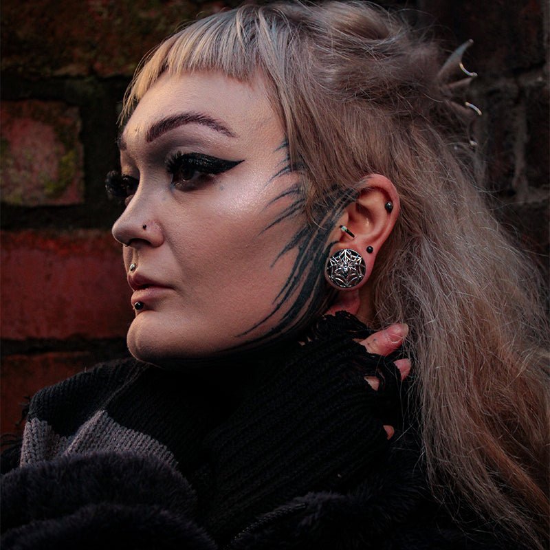 Tungsten Steel Zircon Widow Web Ear Gauge Tunnel(2Pcs) - AKAK BODYJEWELRY - ear - tunnel