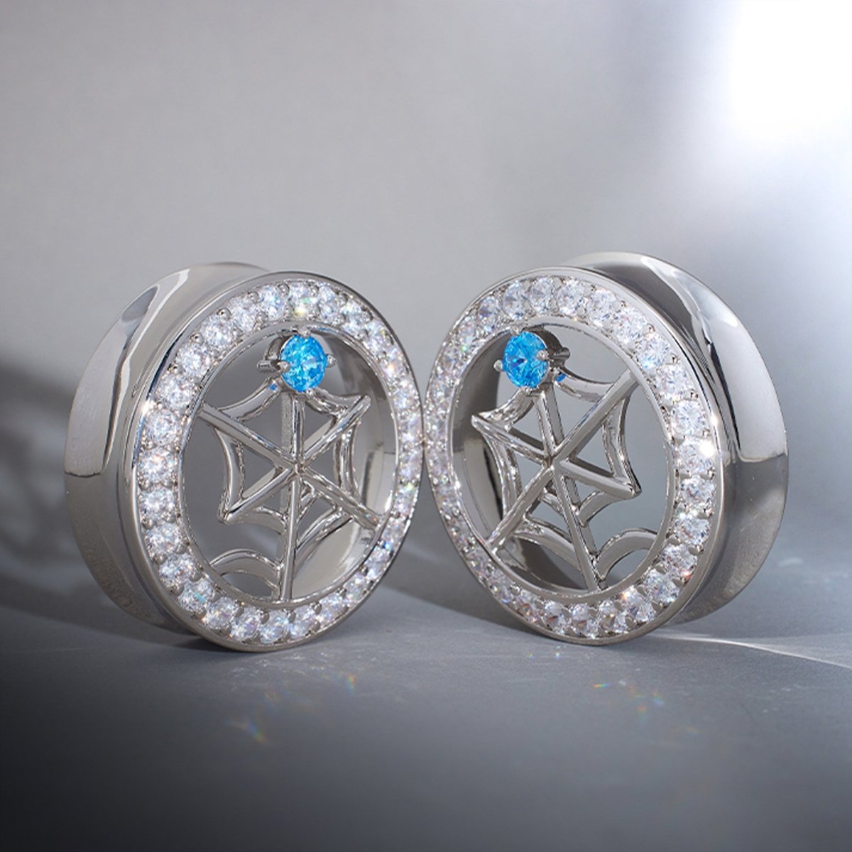 Web Blue Stone Moissanite 14K Ear Gauge Tunnel (2Pcs) - AKAK BODYJEWELRY - ear - tunnel