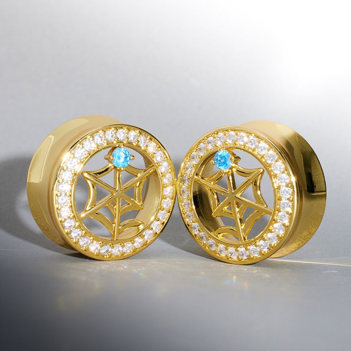 Web Blue Stone Moissanite 14K Ear Gauge Tunnel (2Pcs) - AKAK BODYJEWELRY - ear - tunnel