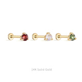 14K Solid Gold 3-Prong Gem Helix Earring - Internally Threaded Cartilage Piercing