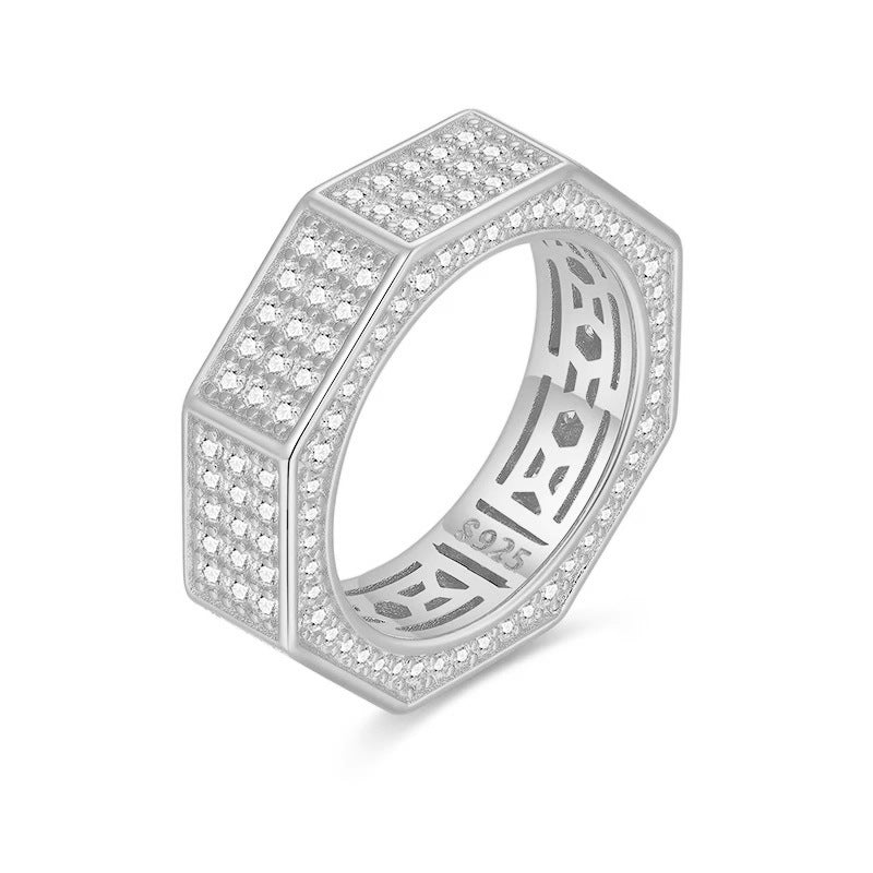 S925 Silver Iced-Out Moissanite Octagon Ring