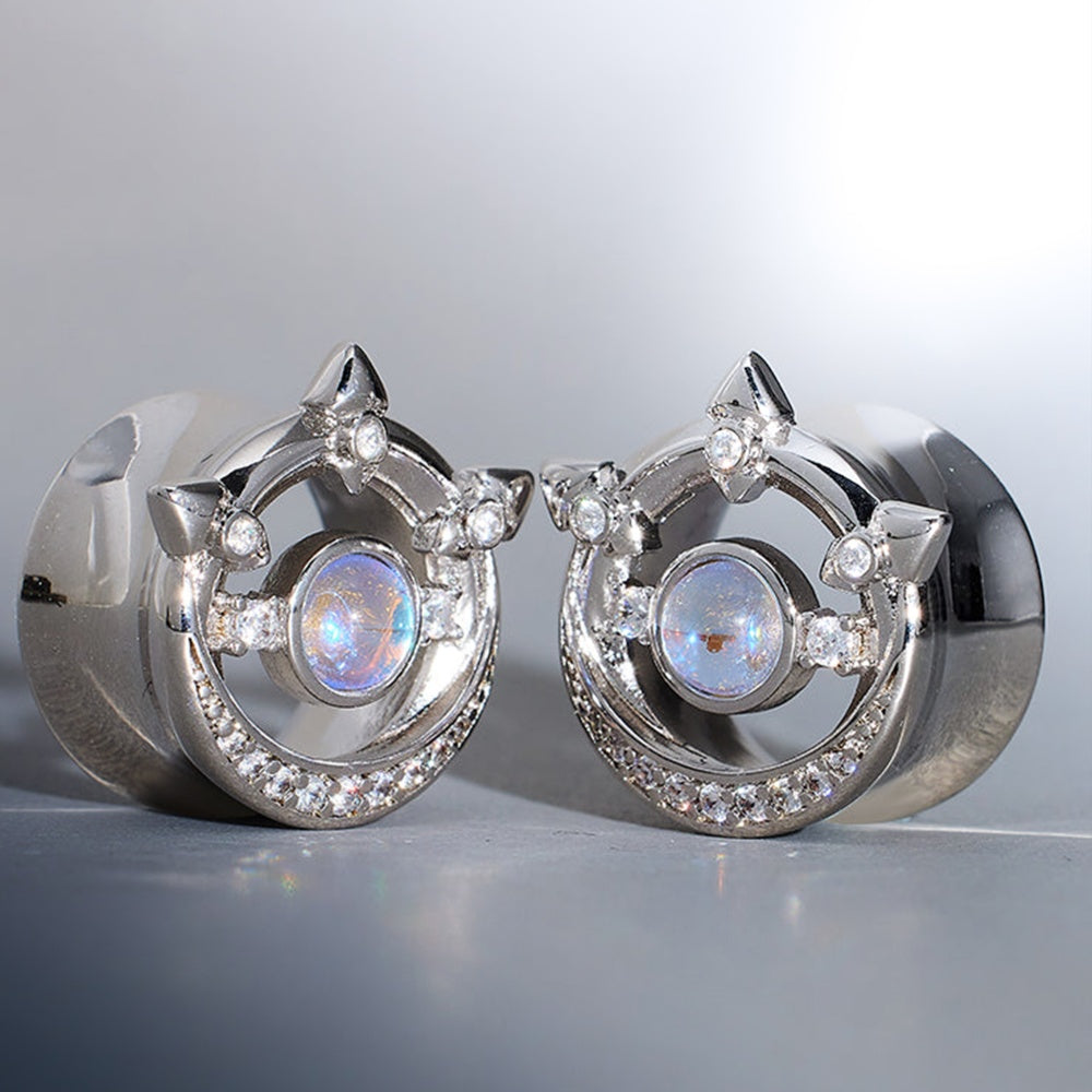 Moonshadow Zircon 14K Gold Ear Gauge Tunnel (2Pcs)