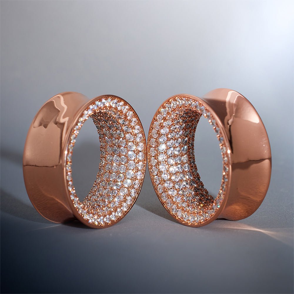 14K Rose Gold White Zircon Star Sparkling Ear Gauge Tunnel(2pcs) - AKAK BODYJEWELRY - ear - tunnel