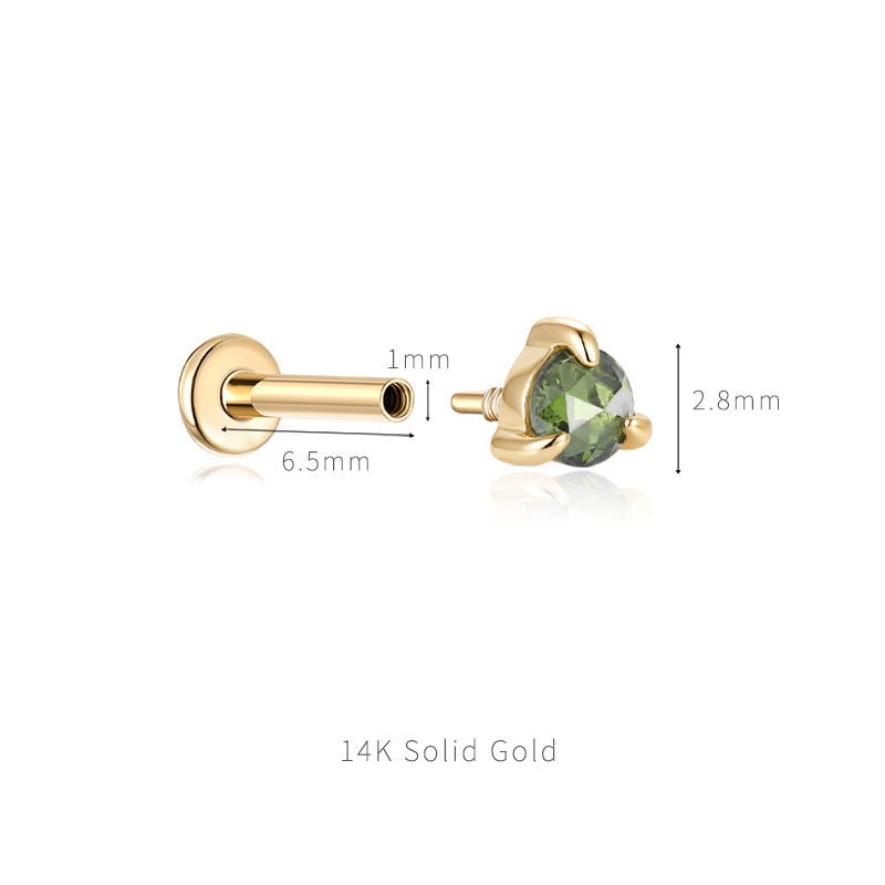 14K Solid Gold 3-Prong Gem Helix Earring - Internally Threaded Cartilage Piercing - AKAK BODYJEWELRY-ear-tunnel