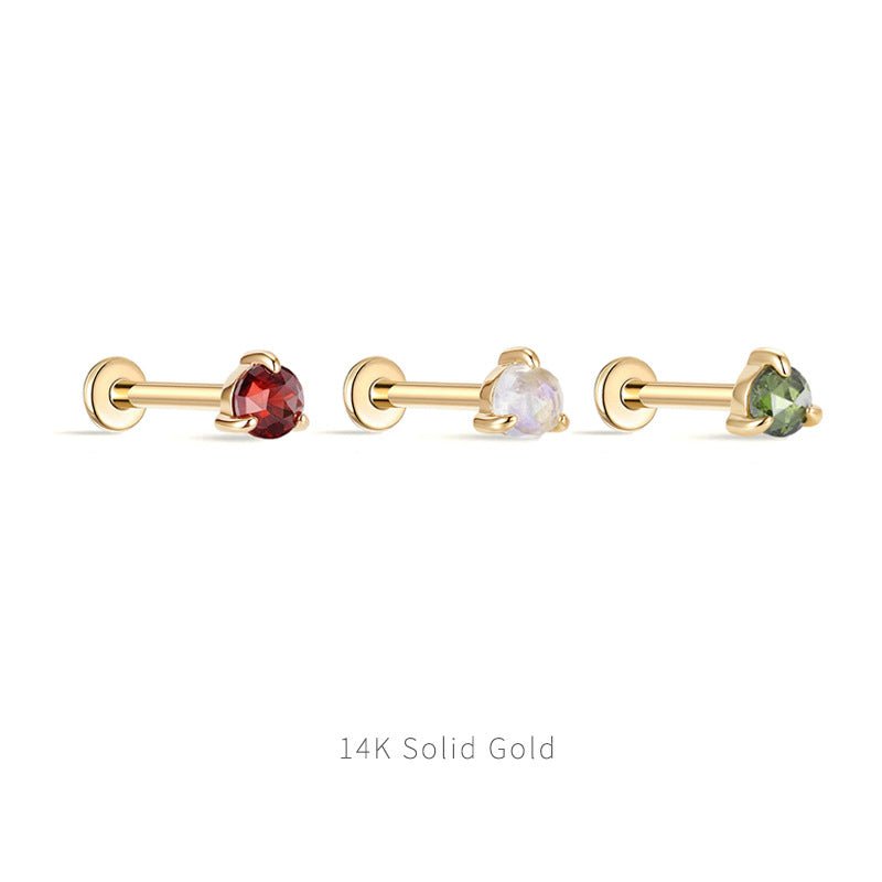 14K Solid Gold 3-Prong Gem Helix Earring - Internally Threaded Cartilage Piercing - AKAK BODYJEWELRY-ear-tunnel