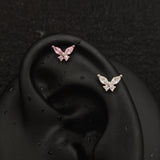 Titanium Butterfly Marquise CZ Piercing Stud – White & Pink | 1pc | Ear Nose Body Jewelry