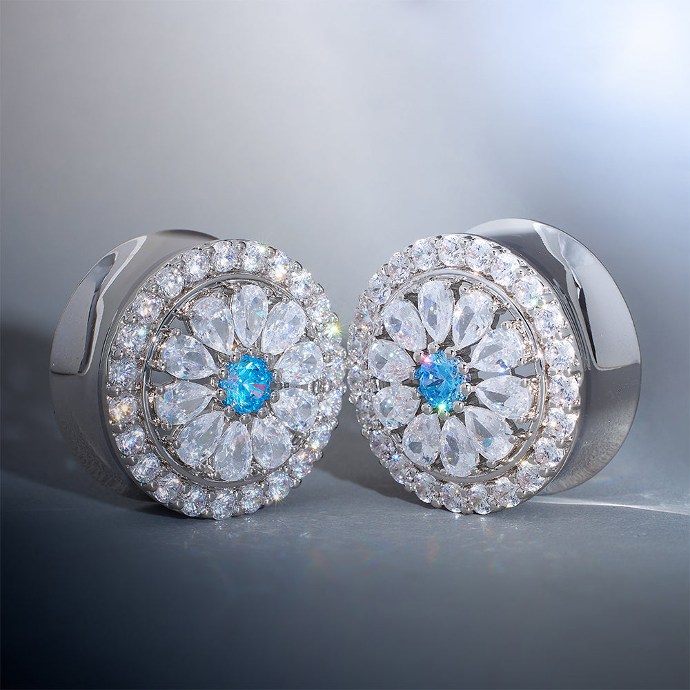Blue Sea Daisy Zircon 14K Ear Gauge Tunnel (2Pcs)