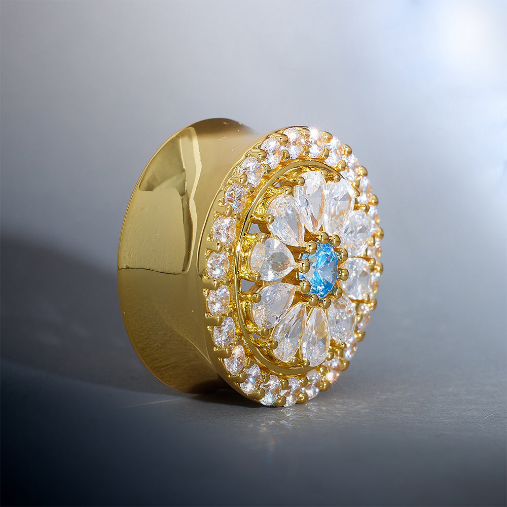 Blauer Sea Daisy Zirkon 14K Tunnel (2 Stück)