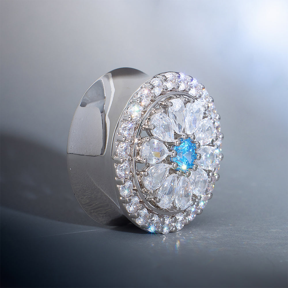 Blue Sea Daisy Moissanite 14K Ear Gauge Tunnel (2Pcs)