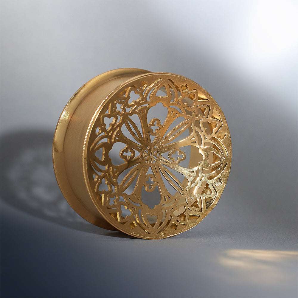 Stainless Steel Golden Filigree Blossoms Ear Gauge Tunnels 2Pcs