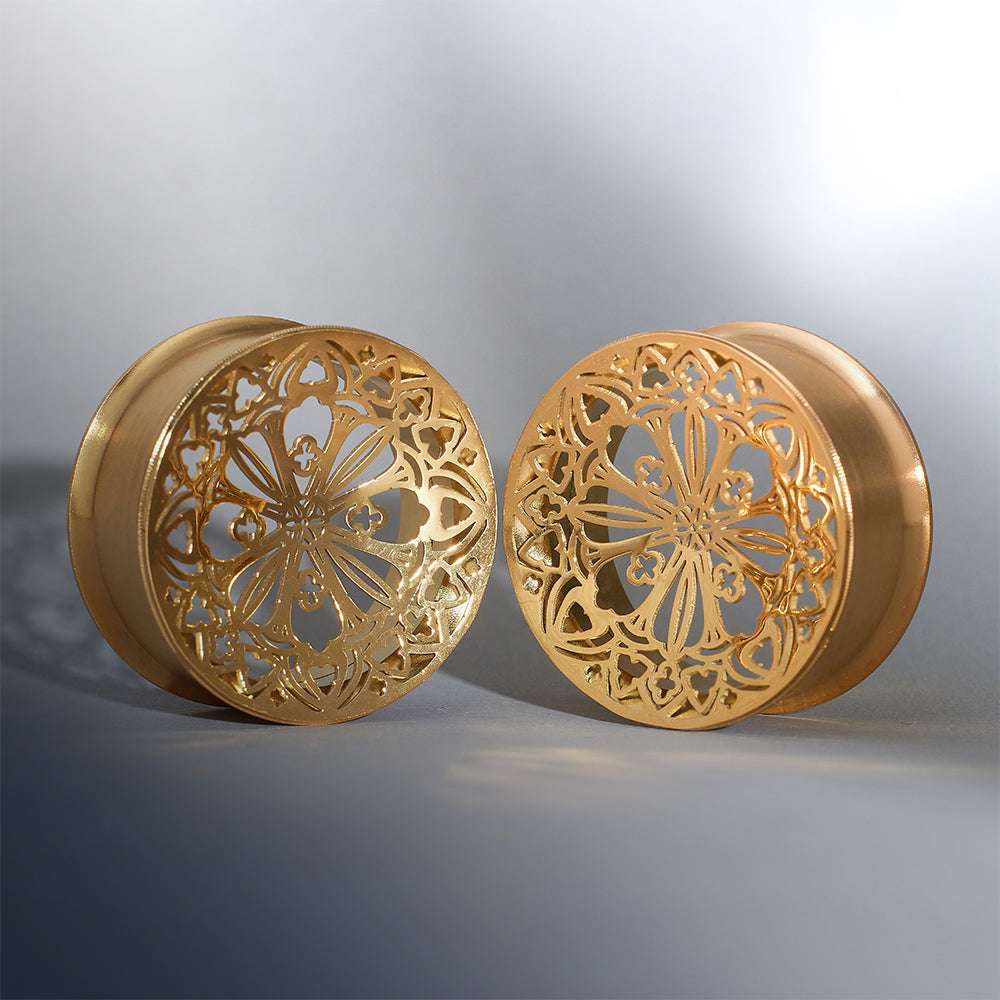 Stainless Steel Golden Filigree Blossoms Ear Gauge Tunnels 2Pcs