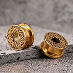 Stainless Steel Pattern Fiore Ear Piercing Ear Gauge Tunnels 2pcs