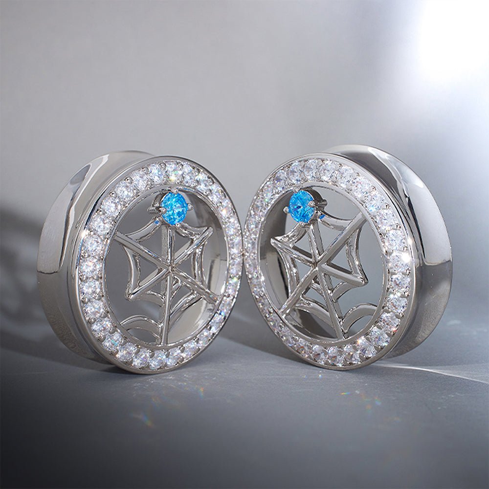 Web Blue Stone Zircon S925 Silver Ear Gauge Tunnel (2Pcs)