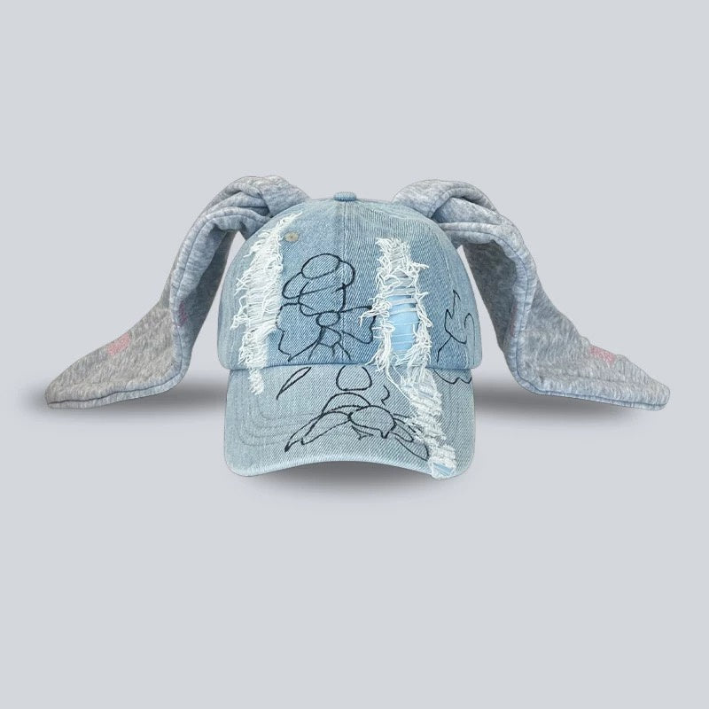 Denim Graffiti Bunny Ear Hat-AKAK BODYJEWELRY Hat