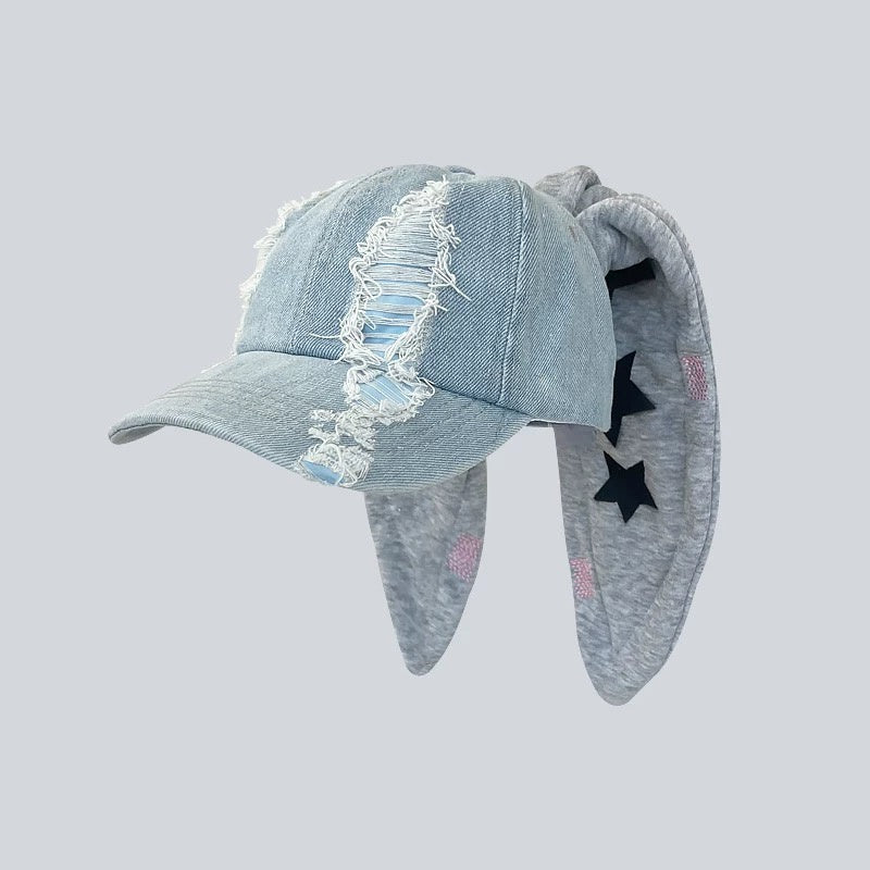 Denim Star Bunny Adjustable Ear Hat-AKAK BODYJEWELRY Hat