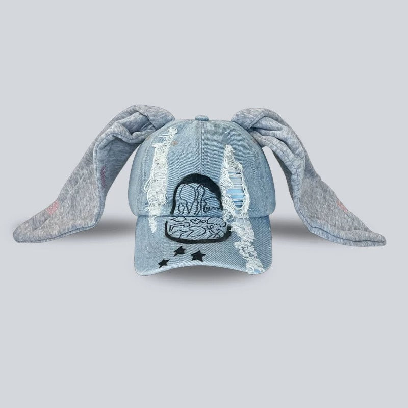 Distressed Denim Bunny Adjustable Ear Hat-AKAK BODYJEWELRY Hat