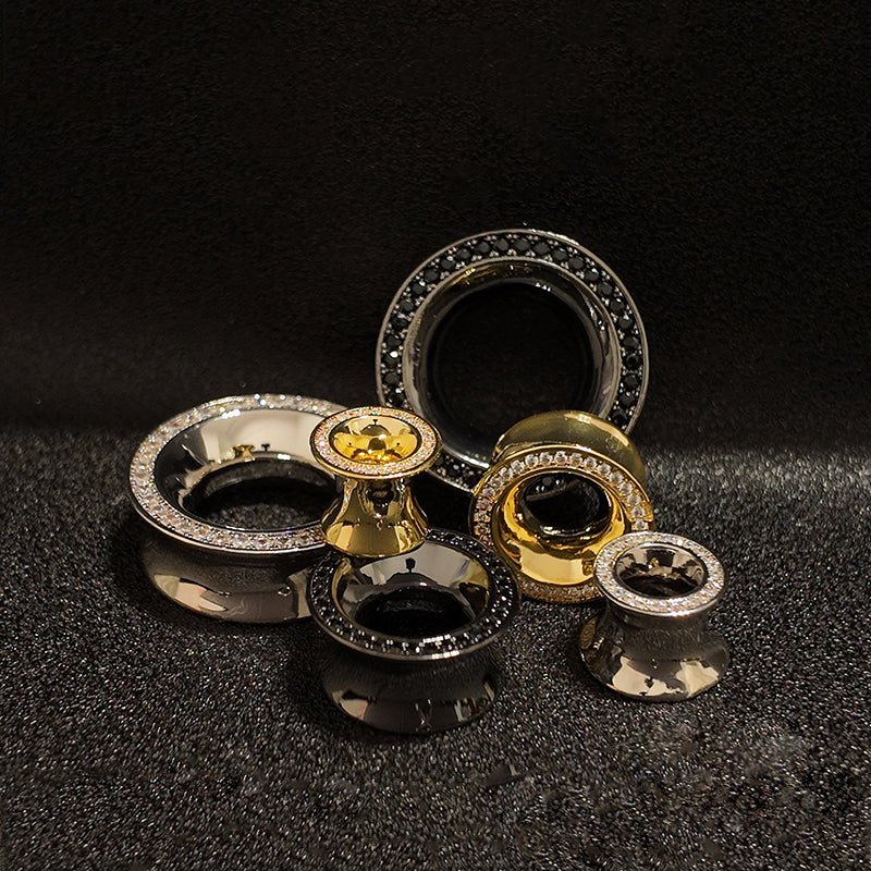 AKAK S925 Plated Luxury Moissanite Paved Ear Tunnels Plugs – Black & Gold Body Jewelry - AKAK BODYJEWELRY-ear-tunnel