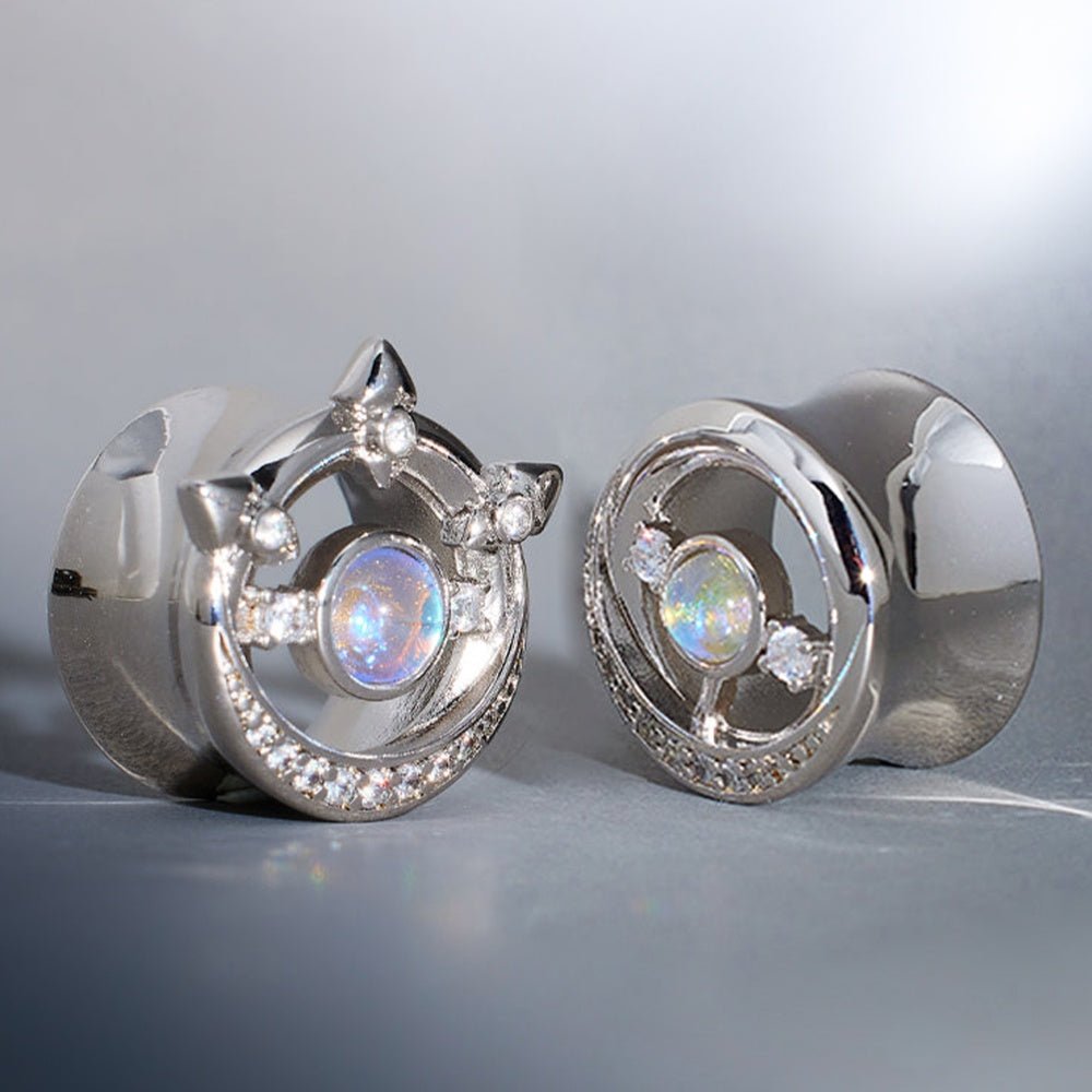 Lunar Gemstone Moissanite 14K Ear Gauge Tunnel (2Pcs) - AKAK BODYJEWELRY - ear - tunnel